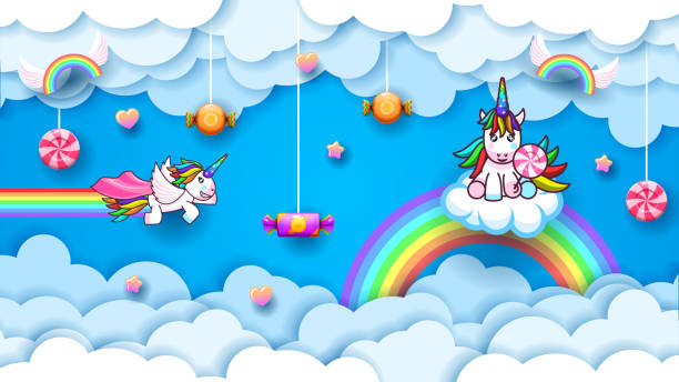 멋진 추상 용지 컷 구름 색상 귀여운 유니콘 에 구름 뿔 사탕 그림자 벡터 디자인 스타일 배경 - unicorn fantasy landscape animal stock illustrations