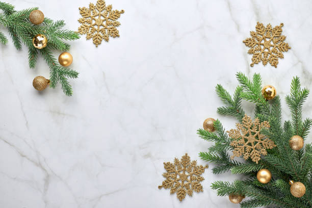 istock Christmas background with tree and gold decorative ornaments and balls. Flat lay, top view 1283501300