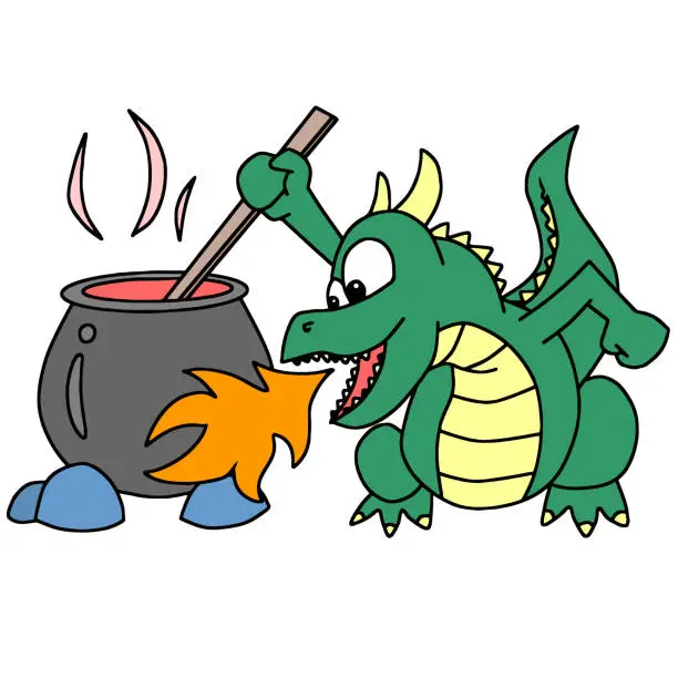 Vector illustration of the dragon is spitting fire for cooking