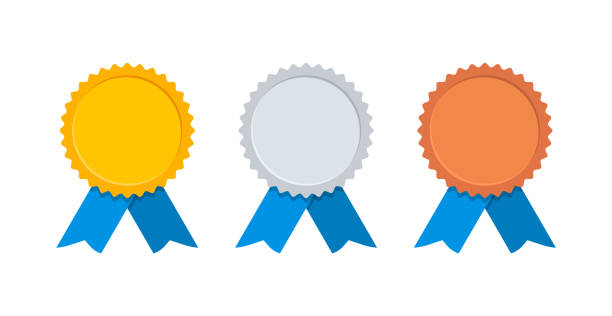 istock Medals set. Gold, silver and bronze medal with blue ribbon. Champion award. Vector 1283502008