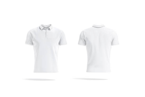 Blank white polo shirt mockup, front and back view Blank white polo shirt mockup, front and back view, 3d rendering. Empty textile male tee-shirt mock up, isolated. Clear sport polo jersey or tshirt for football or golf logotype template. polo shirt stock pictures, royalty-free photos & images