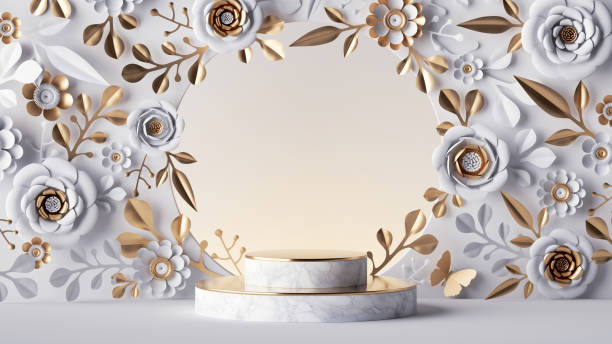 istock 3d render, floral background with marble stage in front of the round frame. Abstract botanical wallpaper with white paper flowers and golden leaves. Blank showcase mockup for product presentation 1283503185