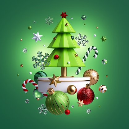 3d rendering of Christmas tree decorated with mixed festive ornaments levitating, isolated on green background. Winter decor: glass balls, golden stars, candy cane, snowballs. Greeting card.