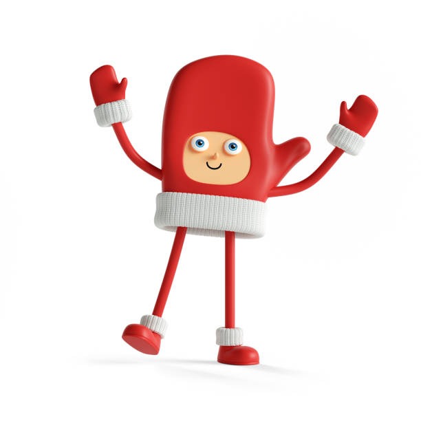istock 3d render. Red mitten with hands and legs, winter mascot. Cute Santa helper stands, hands up. Christmas toy clip art isolated on white background 1283503267