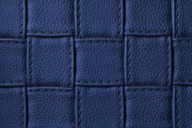 texture of navy blue leather background with square pattern and stitch, macro. - seam macro rough striped imagens e fotografias de stock