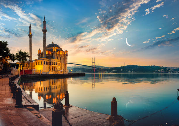 moskee en bosporusbrug - turkije stockfoto's en -beelden