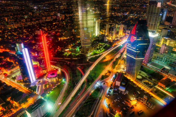 Aerial night panoramic view of business Istanbul, Turkey