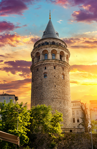 Famous Galata Tower at sunset in Istanbul, Turkey