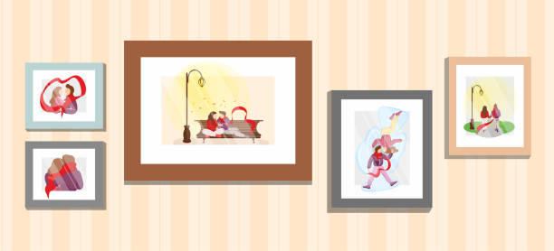 Young couple in love family memories portrait photos frames on wall with wallpaper. Boyfriend and girlfriend relationship moments vector illustration Young couple in love family memories portrait photos frames on wall with wallpaper. Boyfriend and girlfriend relationship moments vector flat illustration family photo on wall stock illustrations