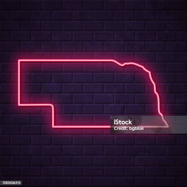 Nebraska Led Sign Nebraska Map Glowing Neon Sign On Brick Wall Background Stock ...