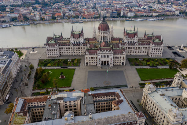 istock Parliament building in Budapest drone view 1283507671