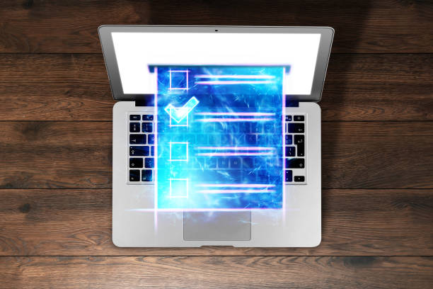 Online voting, hologram ballot and Internet voting box in laptop. Mixed environment, e-voting technology concept, internet elections.