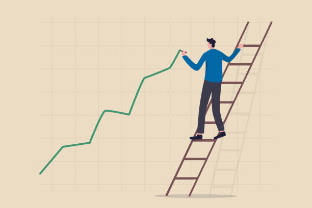 ilustrações de stock, clip art, desenhos animados e ícones de stock price growth, asset price soaring or rising up, bullish stock market or economic recovery concept, confident businessman trader climbing up ladder to draw green rising up investment line graph. - trading board illustrations