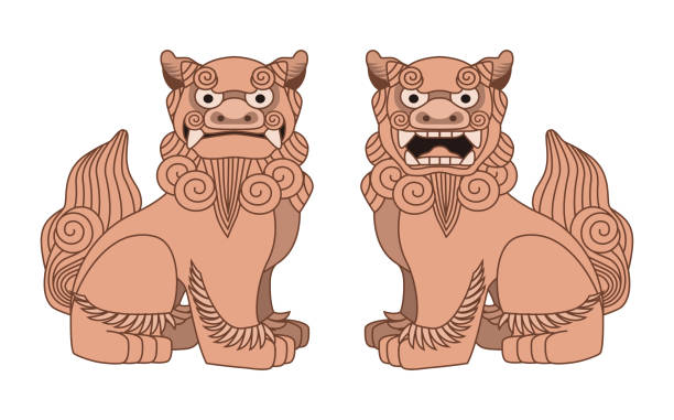 Illustration of Shisa. Shisas are Okinawan guardian lions. The symbol of the shrine. Amulet stone statue. bronze statue stock illustrations
