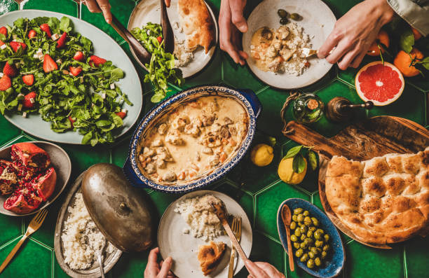 istock Family having Turkish dinner with lamb, rice and salad 1283508683
