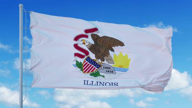 Illinois flag on a flagpole waving in the wind, blue sky background. 3d rendering Illinois flag on a flagpole waving in the wind, blue sky background. 3d rendering. springfield new jersey stock pictures, royalty-free photos & images