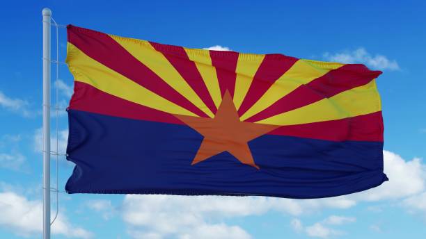 istock Arizona flag waving in the wind, blue sky background. 3d rendering 1283509805