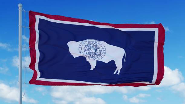 istock Wyoming flag on a flagpole waving in the wind, blue sky background. 3d rendering 1283509815