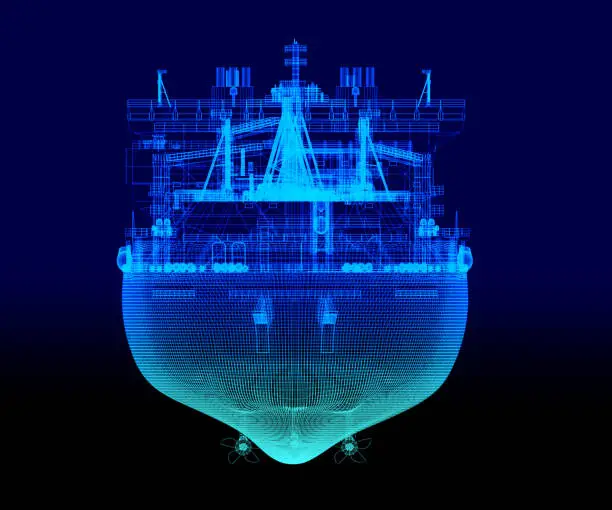 Scheme of the grid of the gas carrier in green and blue tones. Front view. 3d-rendering.