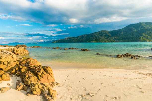 пляж и тропическое океман море с голубым небом - phuket province стоковые фото и изображения
