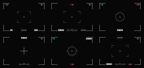 kayıt videosu kamerası. çerçeveli kamera ekranı, vizör ve gözetleme için odak. sinema ve cctv için üretim 4k film. izgara ve yakalama ile ekranda rec. fotoğraf için simgeler. vektör - manzaraya bakmak stock illustrations