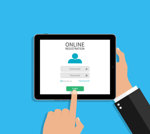 Online registration of account with login, password. Form of register in tablet for elearning. Tablet in hand of user of website. Sign of create username. Web app with button and menu on site. Vector Online registration of account with login, password. Form of register in tablet for elearning. Tablet in hand of user of website. Sign of create username. Web app with button and menu on site. Vector. education registration event stock illustrations
