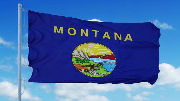 istock Montana flag on a flagpole waving in the wind, blue sky background. 3d rendering 1283510001