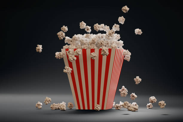 istock Fluffy popcorn in stripped bucked. 3D rendered illustration. 1283510185