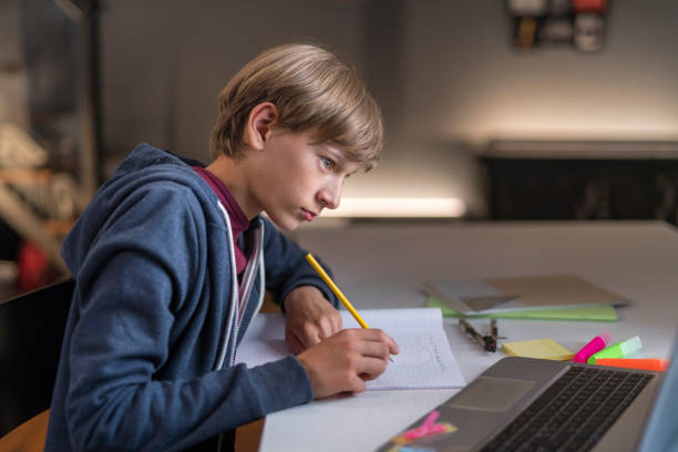 istock Boy attending online school class from home 1283511085