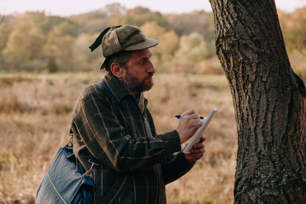 istock Scientist examines a tree trunk in autumn park 1283511464