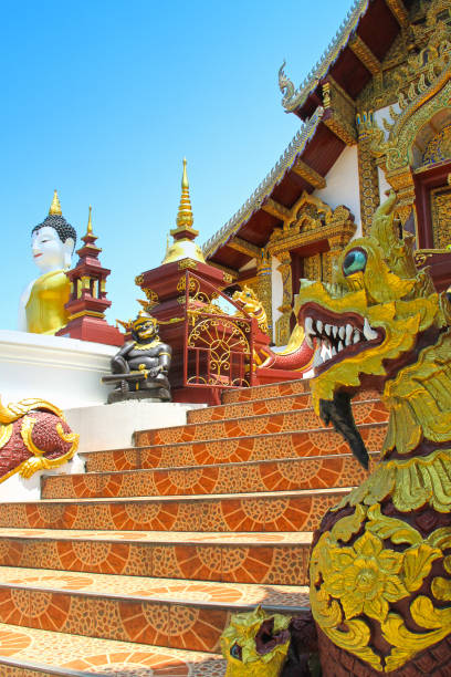 Wat Rajamontean Temple of Chiang Mai, Thailand Dragons and Buddha in Wat Rajamontean Temple of Chiang Mai, Thailand khmer dragon statue stock pictures, royalty-free photos & images