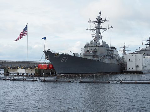Norfolk, USA - June 9, 2019: Image of the battleship USS Winston Churchill anchored in the naval base of Norfolk, Virginia.