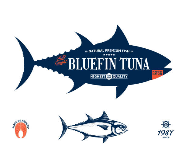 Vector bluefin tuna seafood label Vector bluefin tuna label isolated on a white background fish farm icon stock illustrations