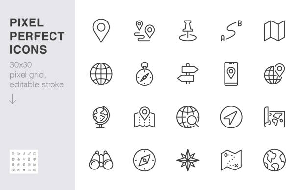 ilustrações de stock, clip art, desenhos animados e ícones de location line icon set. compass, travel, globe, map, geography, earth, distance, direction minimal vector illustration. simple outline sign navigation app ui 30x30 pixel perfect editable stroke - road sign illustrations