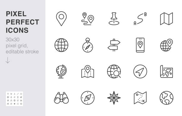 Location line icon set. Compass, travel, globe, map, geography, earth, distance, direction minimal vector illustration. Simple outline sign navigation app ui 30x30 Pixel Perfect Editable Stroke Location line icon set. Compass, travel, globe, map, geography, earth, distance, direction minimal vector illustration. Simple outline sign navigation app ui 30x30 Pixel Perfect Editable Stroke. flat design icons stock illustrations