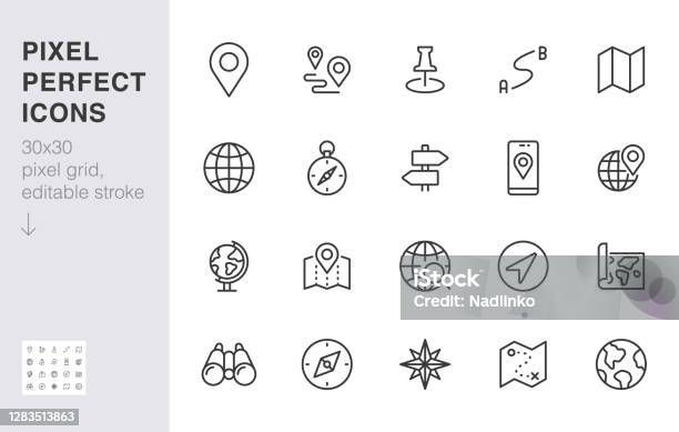 Location Line Icon Set Compass Travel Globe Map Geography Earth Distance Direction Minimal Vector Illustration Simple Outline Sign Navigation App Ui 30x30 Pixel Perfect Editable Stroke Stock Illustration - Download Image Now