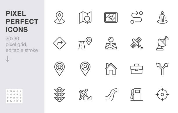 ロケーションラインアイコンセット。gps、近接、ロードマップ、ガソリンスタンド、作業先、マーカー最小限のベクトルイラストを配置します。シンプルなアウトラインサインナビゲーショ� - 有名な名所・観光地点のイラスト素材／クリップアート素材／マンガ素材／アイコン素材