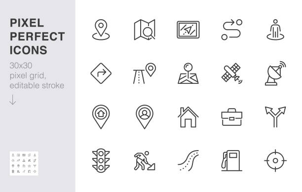 Location line icon set. Gps, proximity, road map, gas station, work destination, place marker minimal vector illustration. Simple outline sign navigation app ui 30x30 Pixel Perfect Editable Stroke Location line icon set. Gps, proximity, road map, gas station, work destination, place marker minimal vector illustration. Simple outline sign navigation app ui 30x30 Pixel Perfect Editable Stroke. transportation icons stock illustrations