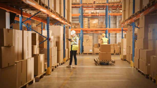 retail warehouse full of shelves with goods in cardboard boxes, workers scan and sort packages, move inventory with pallet trucks and forklifts. product distribution logistics center - logistical imagens e fotografias de stock