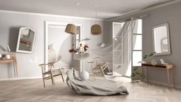 Living room, home chaos concept with chairs and table, carpet, windows and curtains, broken vase, mirrors, furniture and other accessories flying in the air, explosion, gust of wind