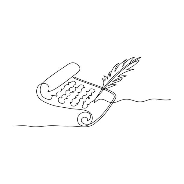 Antique paper scroll and quill pen. Continuous line drawing. Antique paper scroll and quill pen. Letter on old paper. Black isolated on white background. Hand drawn vector illustration. clip art of scroll quill stock illustrations