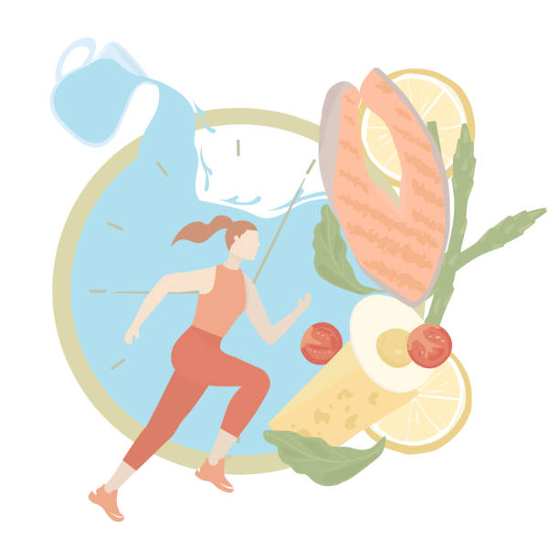 Intermittent fasting concept. Method of losing weight and accelerating metabolism. Scheme 8 16, eight-hour food window. Running girl, clock face with healthy food and water. Vector flat illustration Intermittent fasting concept. Method of losing weight and accelerating metabolism. Scheme 8 16, eight-hour food window. Running girl, clock face with healthy food and water. Vector flat illustration. metabolism illustrations stock illustrations