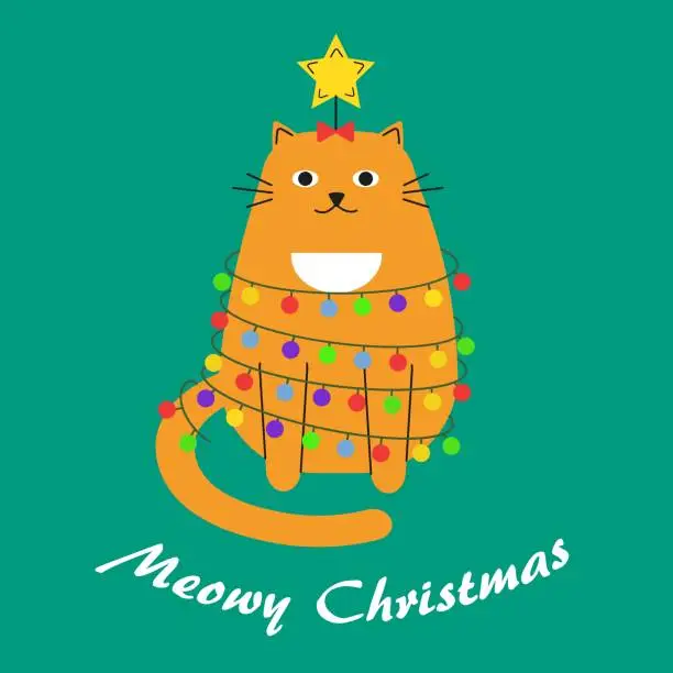 Vector illustration of Meow Christmas greeting card with cat and lights garland, vector illustration