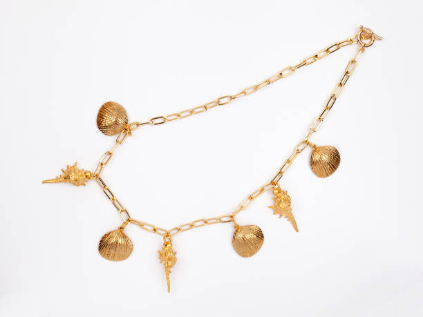 istock Women`s golden necklace on white background 1283521894