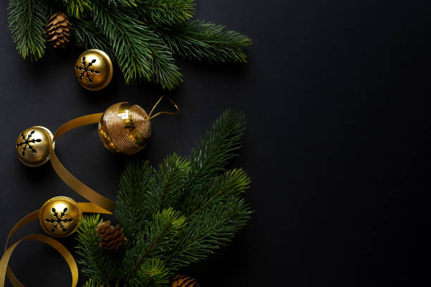 istock Christmas deco with fir and baubles on dark 1283522968