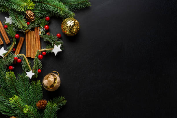 istock Christmas deco with fir and baubles on dark 1283523002