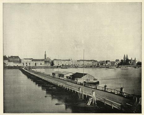 Vintage photograph of Pontoon bridge crossing the Rhine at Koblenz (Coblentz) on the Rhine, Germany, 19th Century