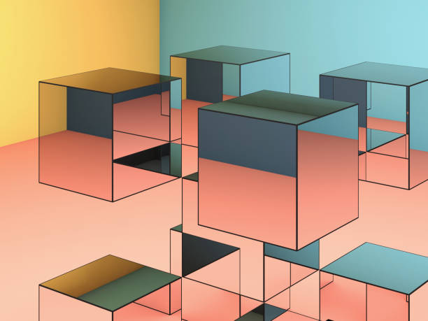 Abstract installation of mirror cubes is in a room, 3 d