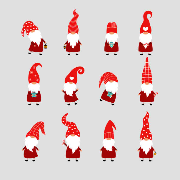 ilustraciones, imágenes clip art, dibujos animados e iconos de stock de conjunto con 12 gnomos de navidad sobre un fondo gris. - elfo