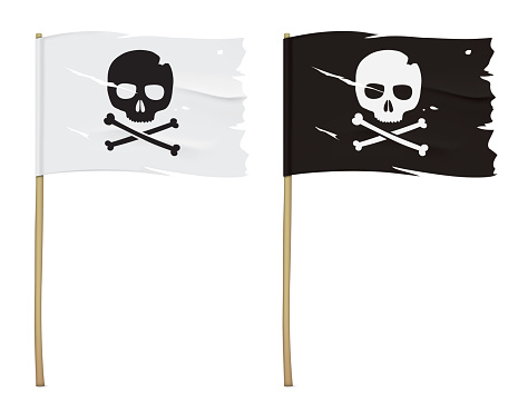 Jolly Roger flag isolated on a white background. Set of white and black torn pirate flags with a skull symbol. Waving vector flag with crossbones emblem, hanging on a wooden pole.